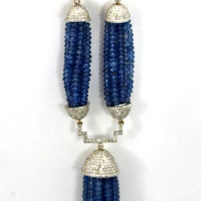 Blue Sapphire Beaded Double Tassel Pendant Necklace