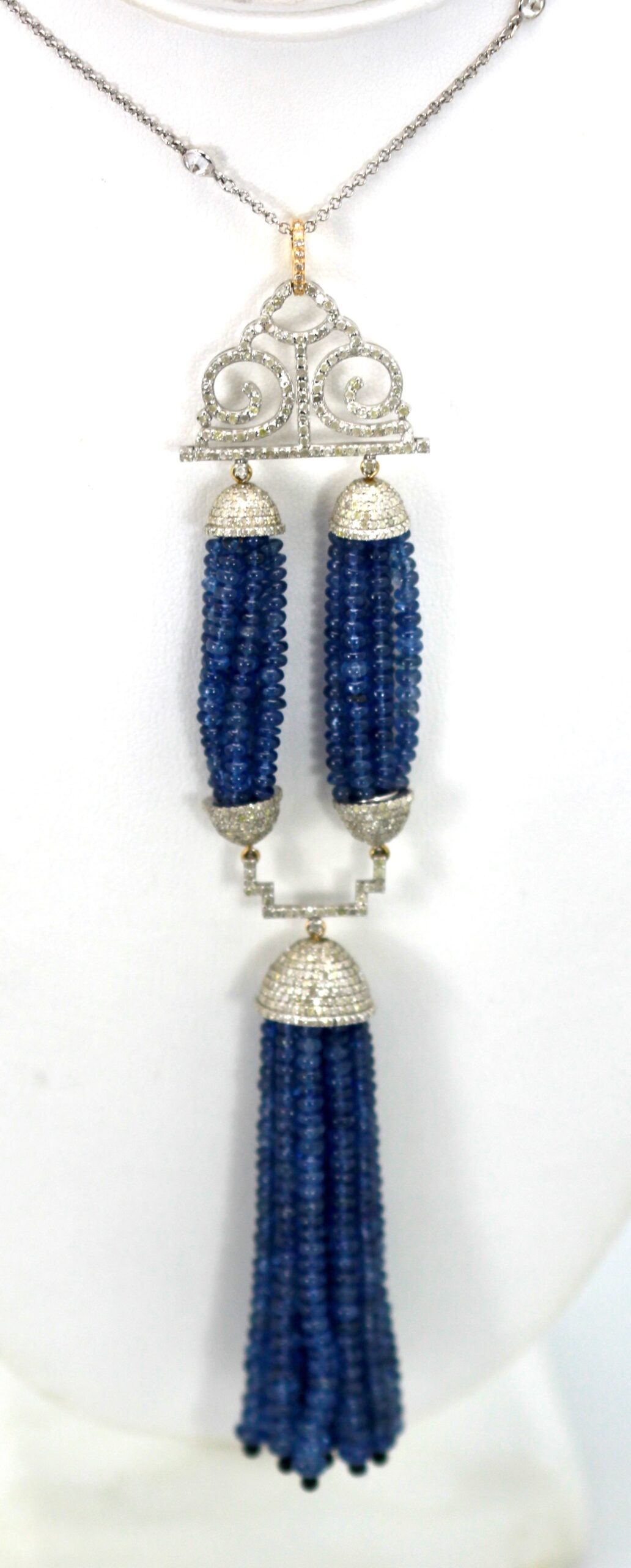 Blue Sapphire Beaded Double Tassel Pendant Necklace