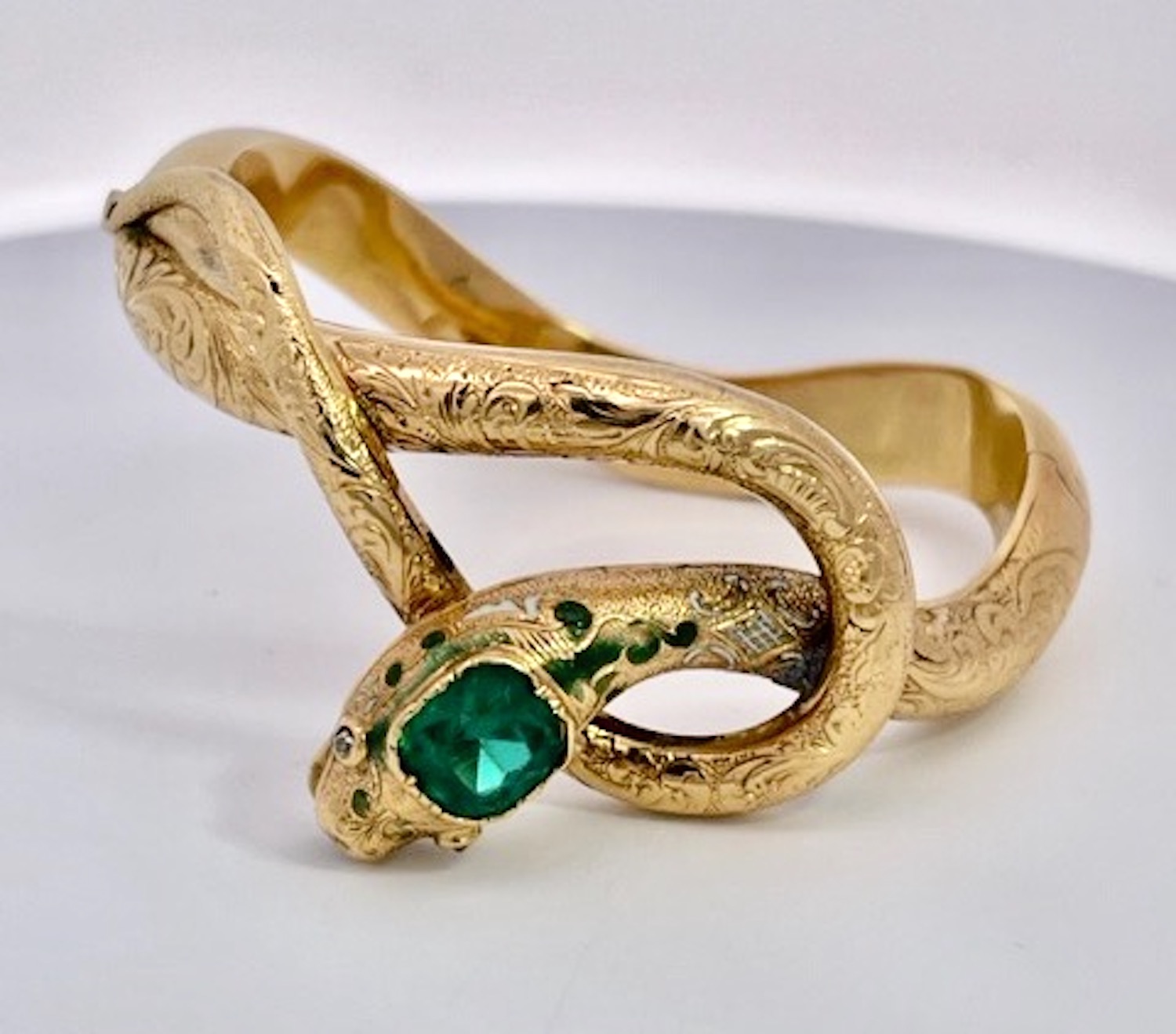 14K Yellow Gold Emerald Head Chased Snake Bracelet