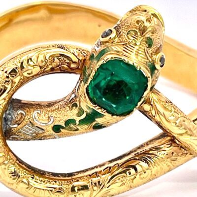 14K Yellow Gold Emerald Head Chased Snake Bracelet