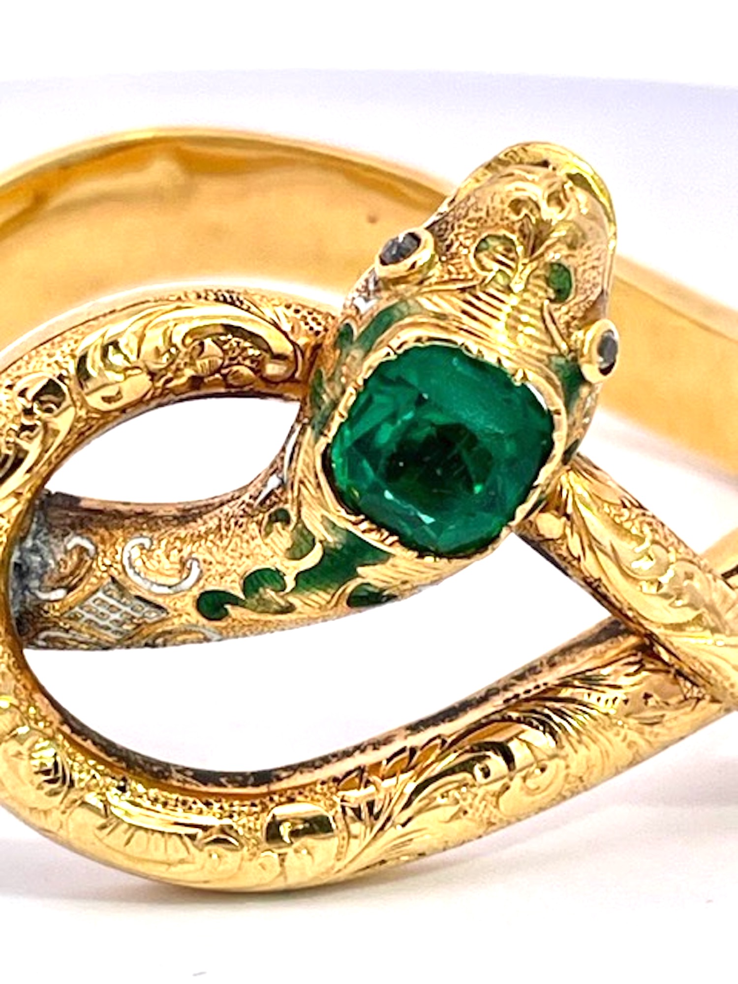 14K Yellow Gold Emerald Head Chased Snake Bracelet