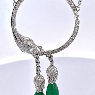 18K White Gold Circle Pin Encrusted w/ Diamonds & Emerald Drops