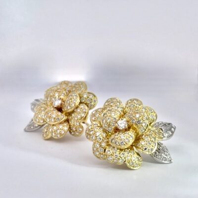 Diamond Rose Earrings Large Yellow Gold 14K