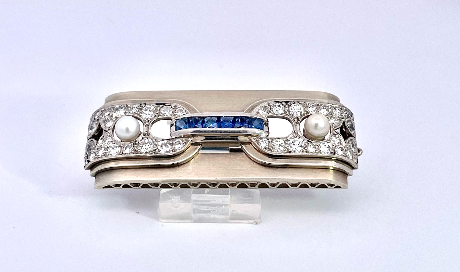 Art Deco Platinum Brooch Sapphires Diamonds Pearls